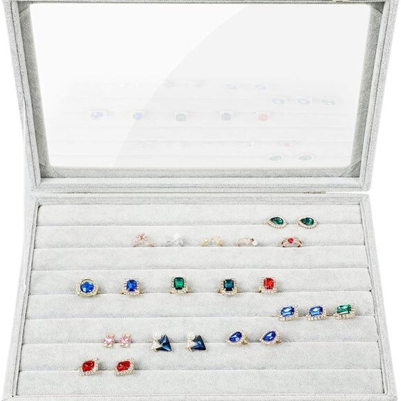 Ring Display Case with Clear Lid Ring Organizer 7 Slots Stud Earring Jewelry Box - Picture 1 of 9